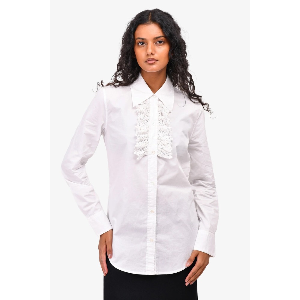 Nili Lotan Women's Reina Crochet Ruffle Trimmed Button Down White Shirt Cotton L